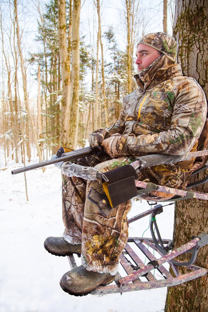 Guy in woods in climber tree stand