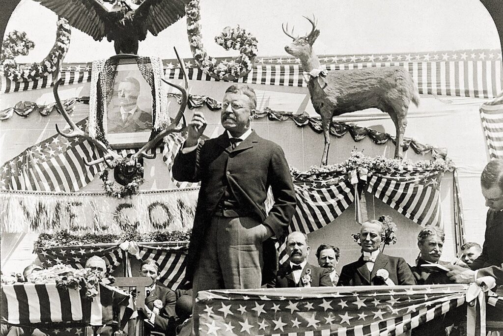 Theodore Roosevelt giving a speech about the Boone and Crockett Club